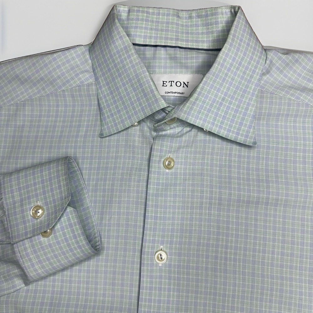 Eton Contemporary Fit Dress Shirt Mens 16 Blue Check Long Sleeve Non-Iron Cotton
